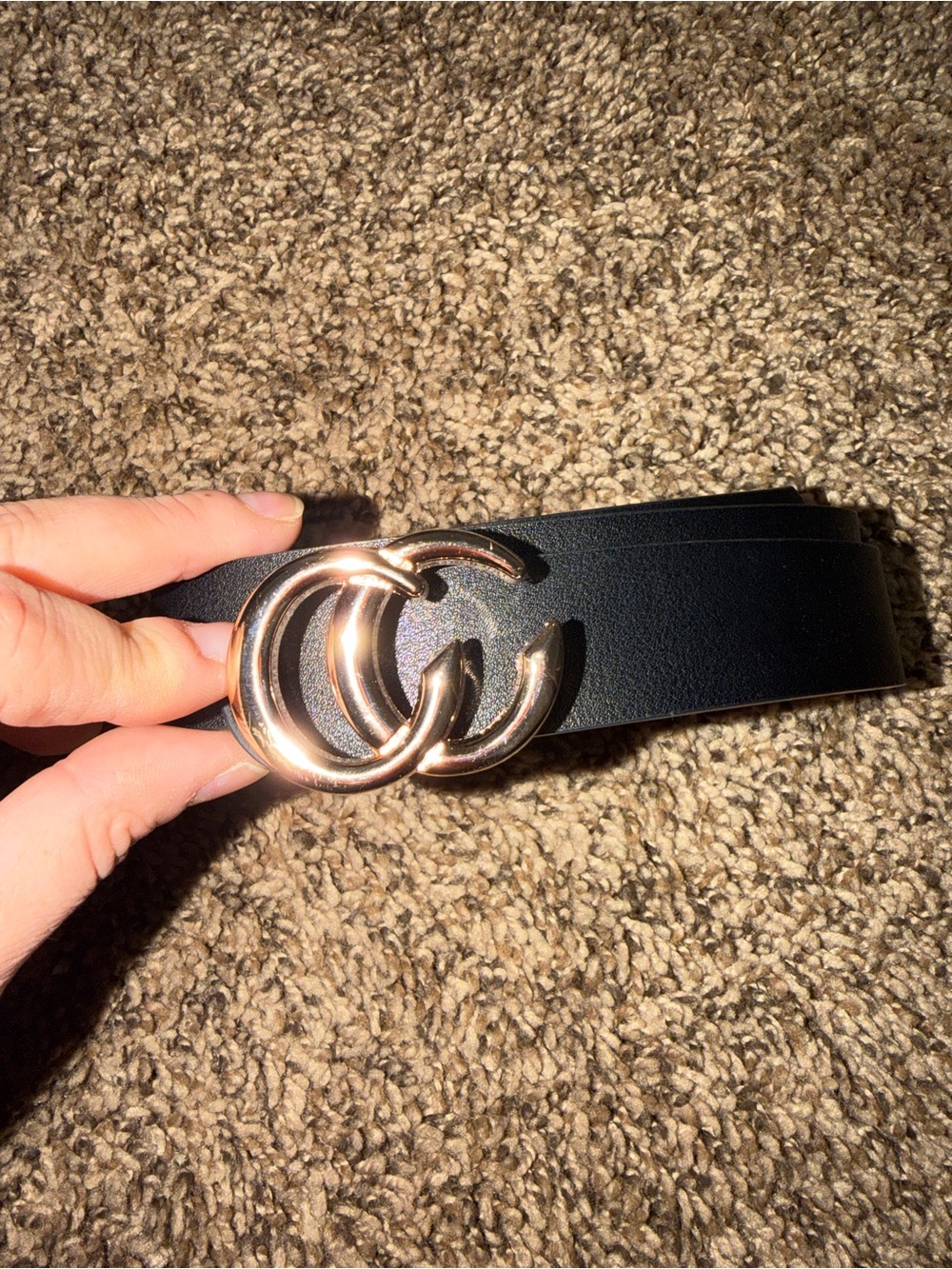 Black Faux Leather Belt with Gold Double C Buckle